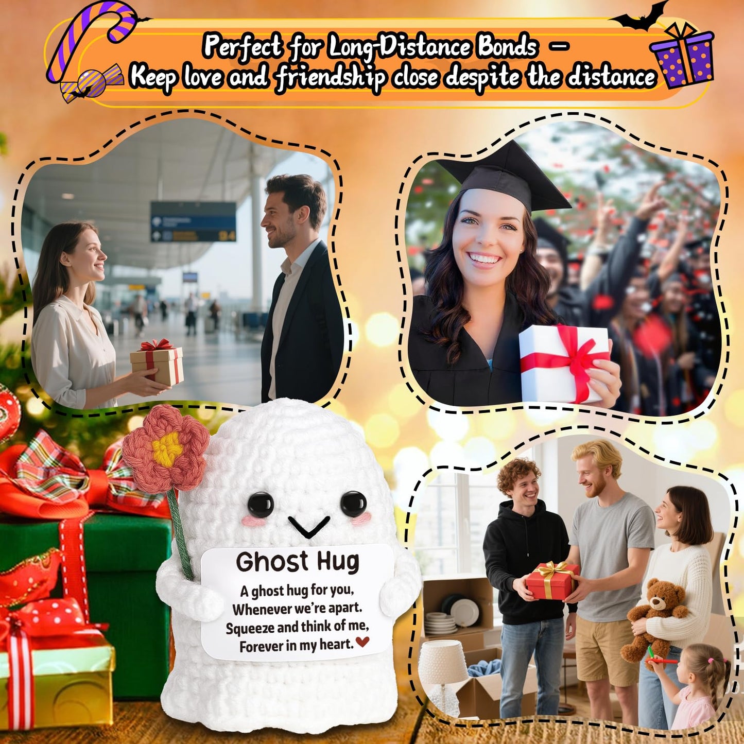 Unique Friendship Birthday Gift for Bestie Her Him – Long Distance Thinking of You Gift for Women Men – Handmade Crochet Ghost Hug Ornament Thoughtful Boo Spooky Relationship Decor for Goodbye