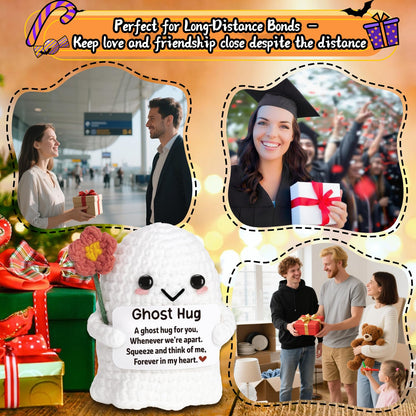 Unique Friendship Birthday Gift for Bestie Her Him – Long Distance Thinking of You Gift for Women Men – Handmade Crochet Ghost Hug Ornament Thoughtful Boo Spooky Relationship Decor for Goodbye