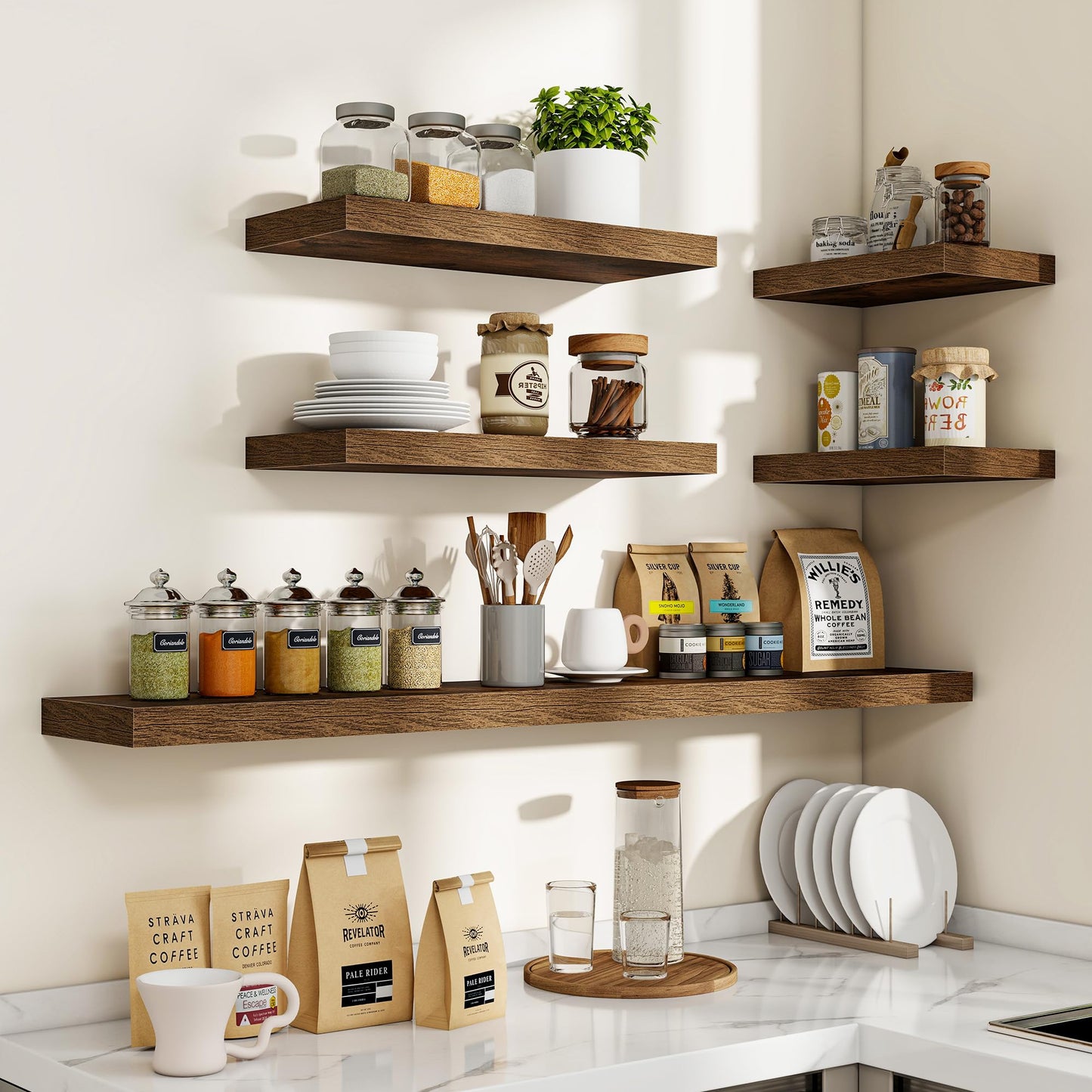 Acovy 24 Inch Floating Shelves, 3D Textured 24"x9.25"x1.5" Inch Deep Floating Shelves for Wall, Wooden Shelves for Bathroom, Bedroom, Living Room, Brown, 2 Pieces
