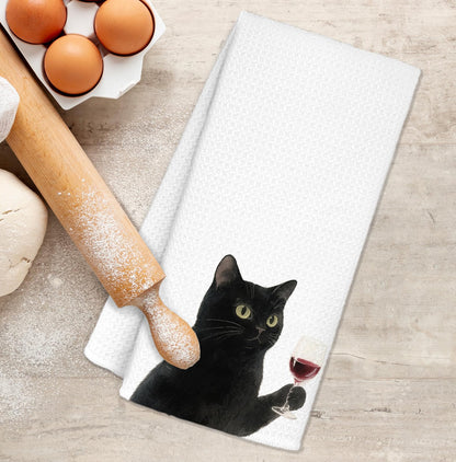 YTRGI Funny Black Cat Decorative Hand Towels for Bar Kitchen, Cat Mom Gifts for Women, Cats Kitchen Hand Towels, Black Cats Wine Decor, Wine Bar Gifts for Men Bartender, 16x24