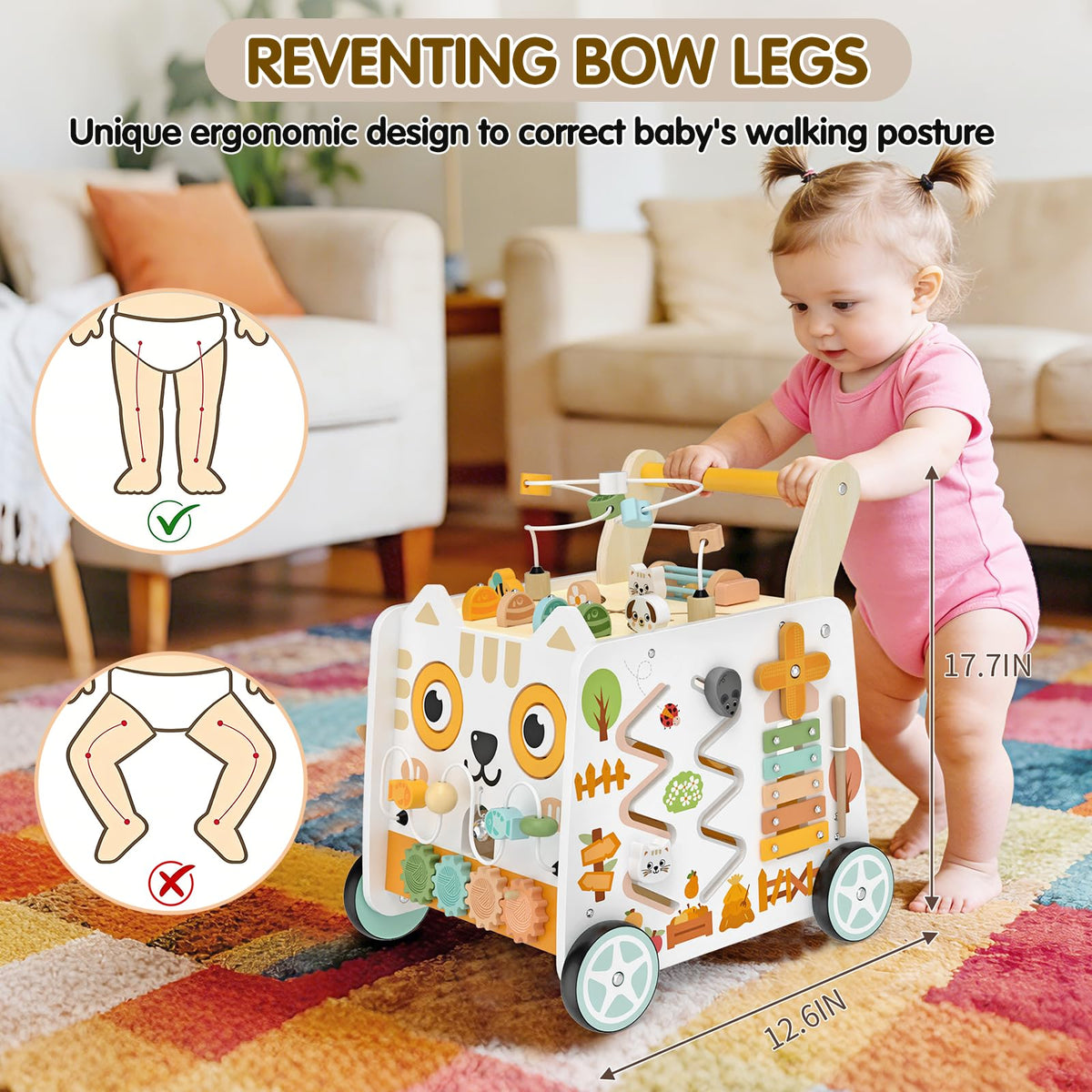 Weilim Wooden Baby Push Walker with Activity Center, Montessori Toy 12M+