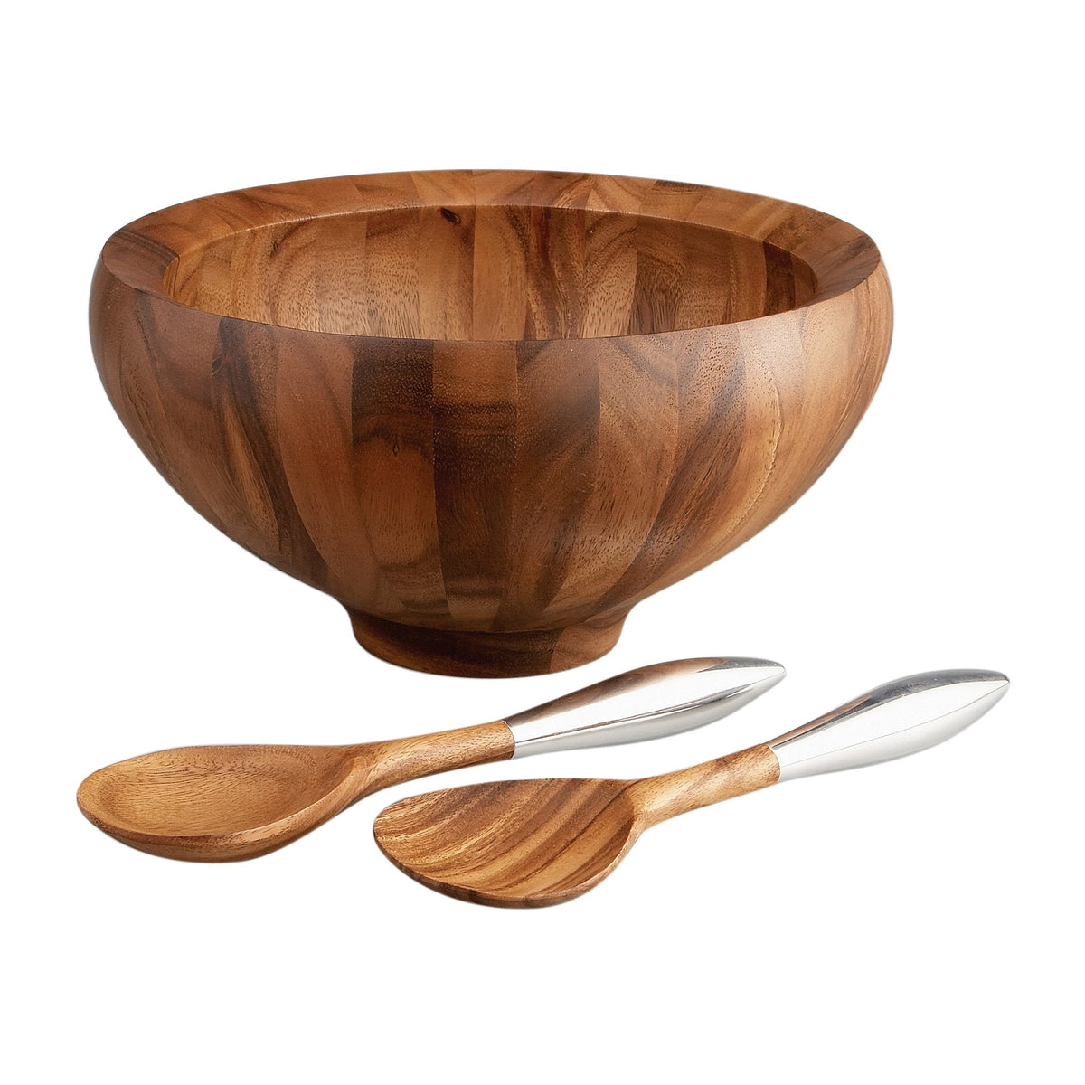 Nambe Yaro Acacia Wood Salad Bowl with 2 Salad Servers | Made of Acacia wood Alloy | Large Deep Wooden Bowls | Acacia Wood Salad Bowl Set | Designed by Sean O’hara