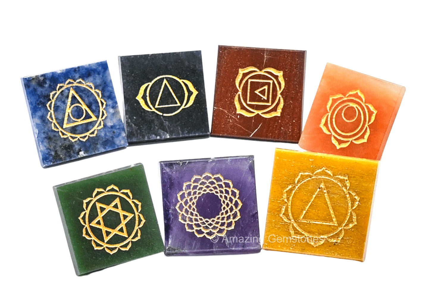 Amazing Gemstone 7 Chakra Pyramid Set for Reiki Healing Crystal with Engraved Reiki Symbols - Energy Balancing Polished Chakra Set with Velvet Pouch