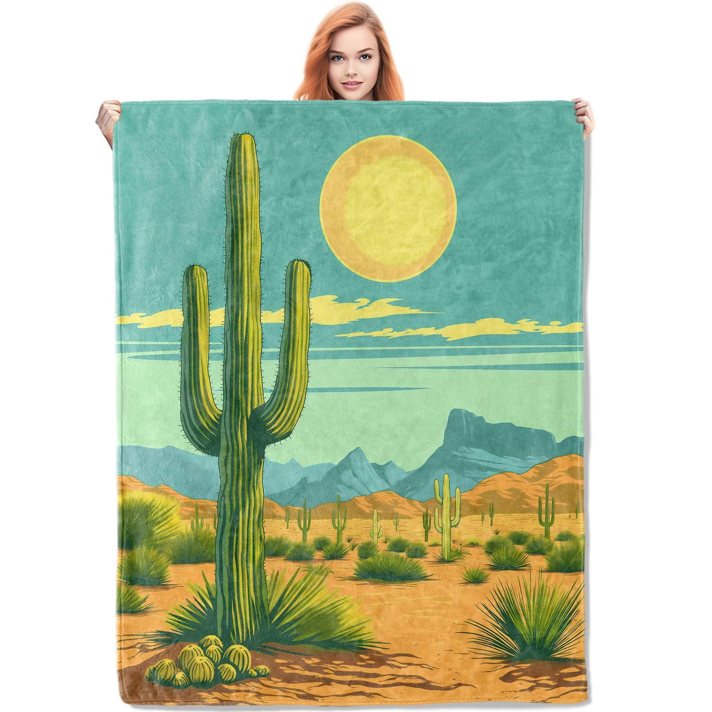 VANZEV Desert Cactus Throw Blanket Gifts for Women, Southwestern Style Blankets for Living Room Home Decor, Cozy Flannel Cactus Plush Throws 50"x60"