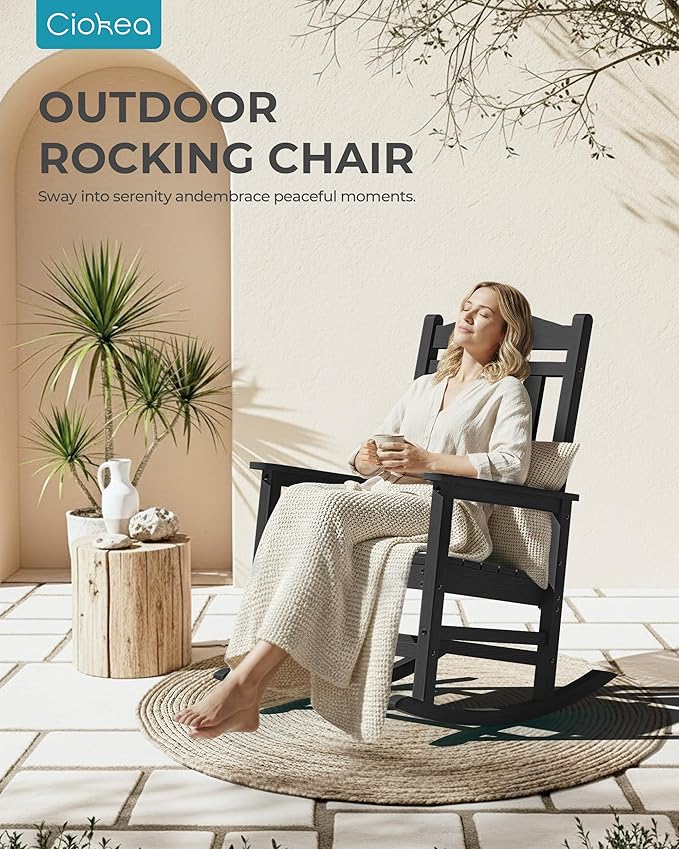 Ciokea Oversized Outdoor Rocking Chairs Set of 2, 380lbs Heavy-Duty Large Patio Rocker, High Back Cozy Porch Chairs, Weather Resistant Patio Rocking Chairs for Outside, Fire Pit, Deck, Black