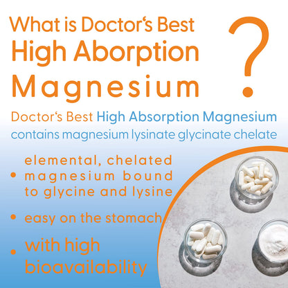 Doctor's Best, High Absorption Magnesium, 100% chelated with TRAACS, with Glycine and Lysine, 120 Vegan Tablets, SOYA-Free, Gluten-Free, Non-GMO