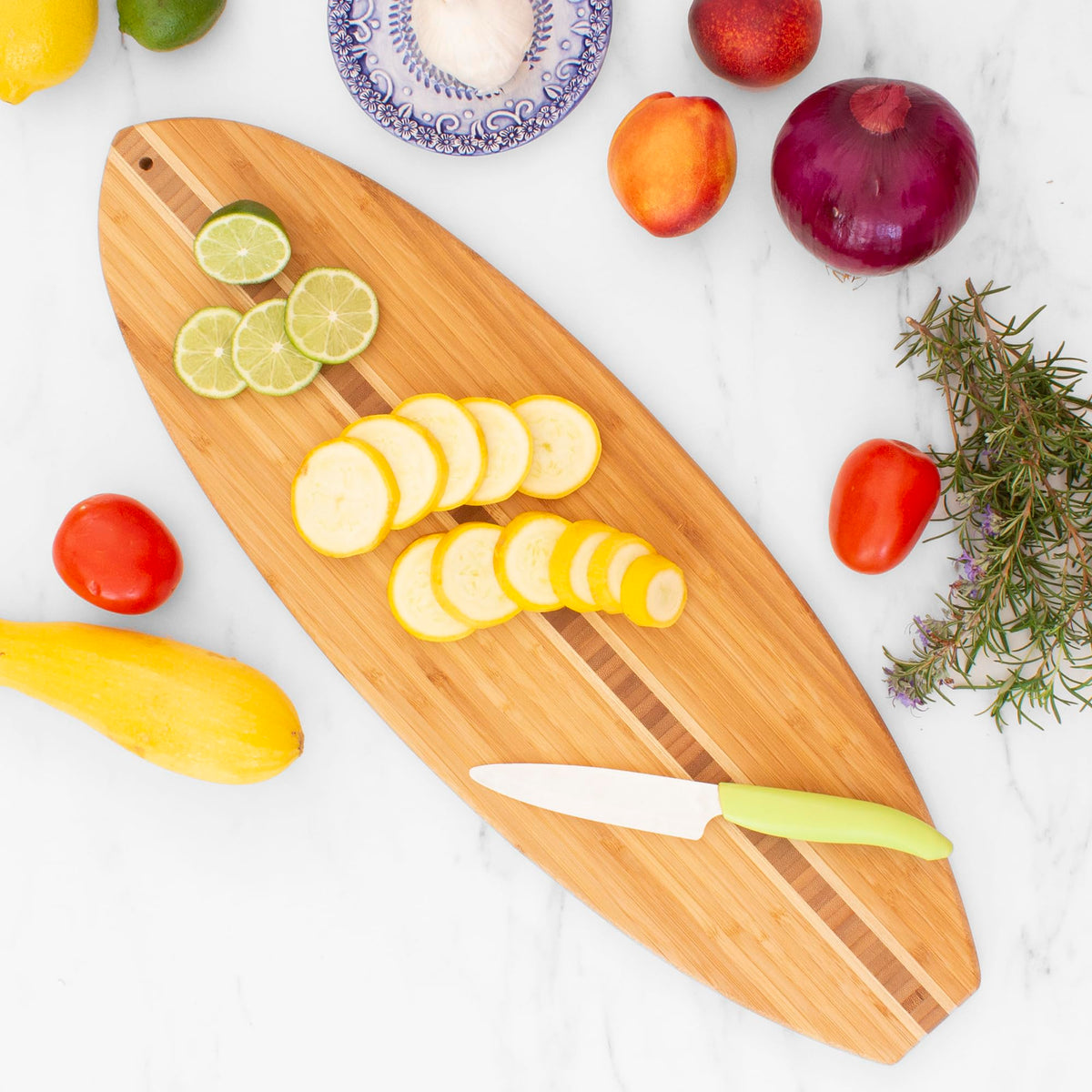 Totally Bamboo Surfboard Cutting Board and Charcuterie Board, Beach-Themed Bamboo Serving Platter with Wall Hang Tie, 23" x 7.5"