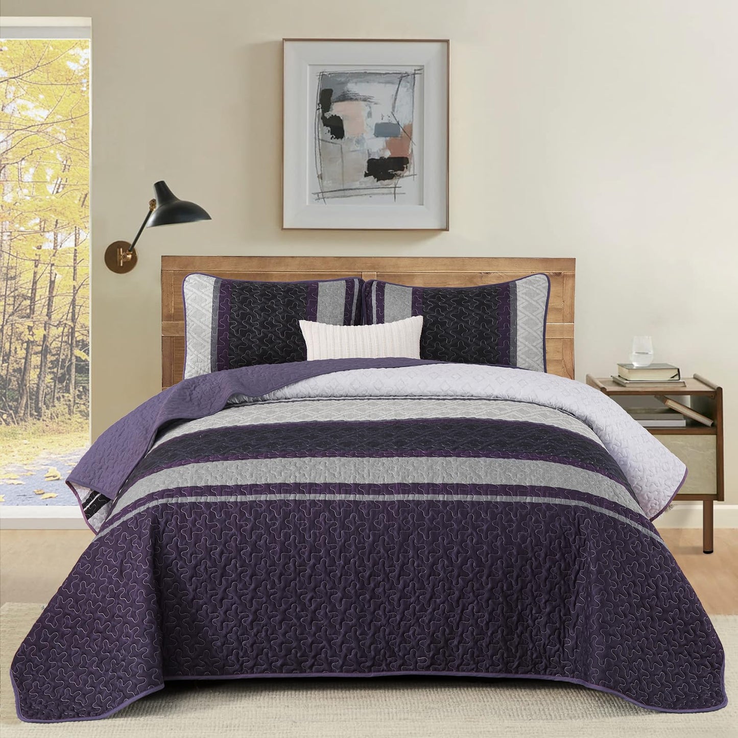 Dinjoy Queen Quilt Set Purple,Striped Bedspread Queen Size, Fall Bedding Sets 3 Pieces Micofiber Lightweight Quilts with 2 Pillow Shams Coverlet Bed Sets for Women Men 96''x90''