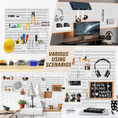 AKTOP Peg Board Wall Organizer 4-Pack – 12"x12" White Pegboard Combination Kit with 13 Accessories for Wall, Plastic Peg Board Panels for Home, Office, Garage Tool Storage & Craft Room