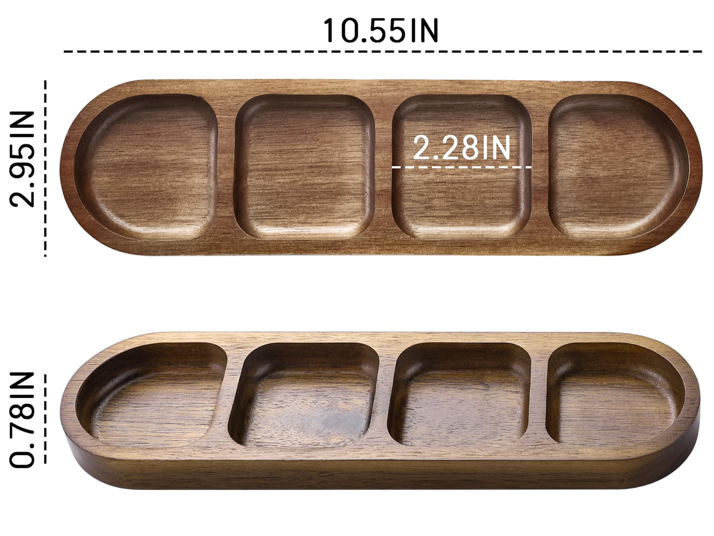 SmileBear 2 Pcs Soy Sauce Dish, Wooden Divided Dip Bowls, Korean 4-Compartment Sauce Plates for Home Restaurant BBQ, Vinegar, Spices, Ketchup, Salt, Sugar, and Flavors