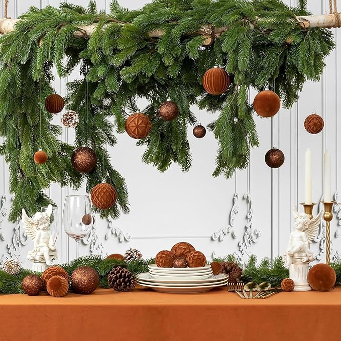 36Pcs Shatterproof Velvet Brown Christmas Ball Ornaments Set - 5 Styles in 3 Sizes (Small Medium Large) for Xmas Tree Decor, 2025 Festive Holiday Christmas Tree Decorations