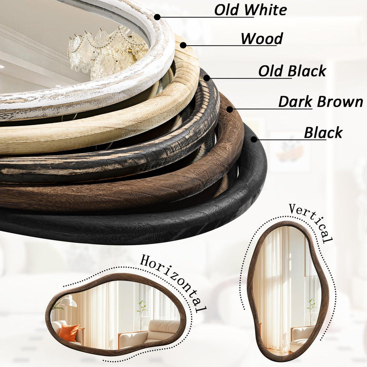 JJUUYOU Asymmetrical Mirrors Irregular Bathroom Wall Mirror 30"x18" Large Wooden Frame Modern Decorative Mirror for Makeup Bathroom Living Room Brown