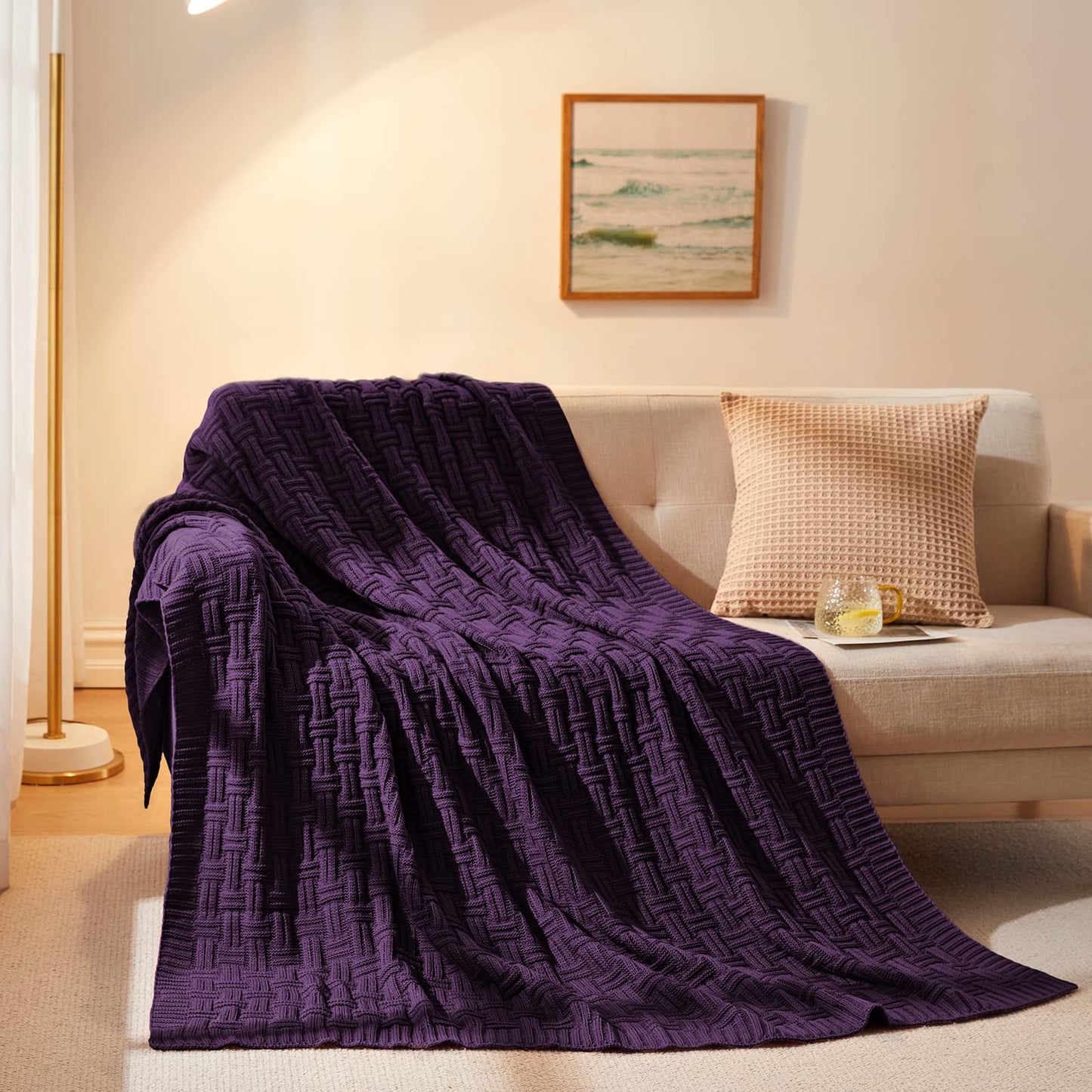 Aormenzy Soft Cozy Acrylic Throw Blanket, Cable Knit for Couch, Dark Purple (1.7lb)