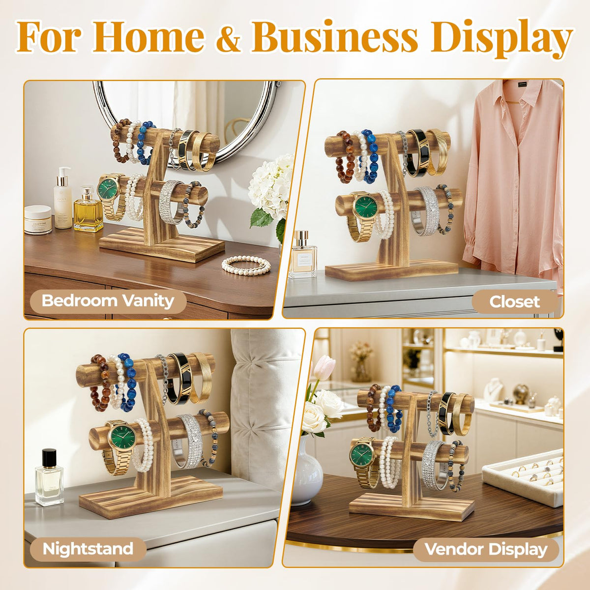 EsLuker.ly Bracelet Holder Display Wooden Stand Organizer, T Bar Bangle Storage Rack for Home Vendors Business Selling, Large Capacity 2 Tier Jewelry Tree Tower for Watches, No Clutter, Rustic Brown