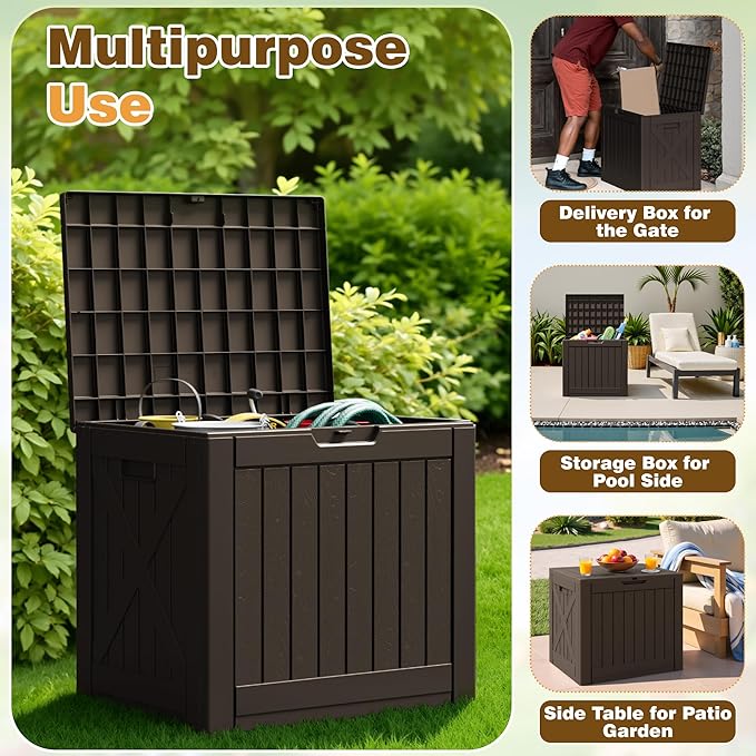 Flamaker Resin Deck Box 40 Gallon Waterproof Outdoor Indoor Storage Box Imitation Wood Resin for Patio Furniture Garden Tools and Pool (Deep Brown)