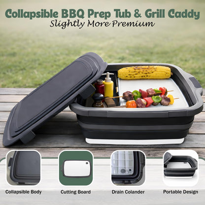 BBQ Prep Tub with 2 Pcs Meat Shredder Claws, Collapsible Cutting Board, Cutting Board with Locking Lids, Drip Easy BBQ Prep Tub with lid-XL Size (Black)
