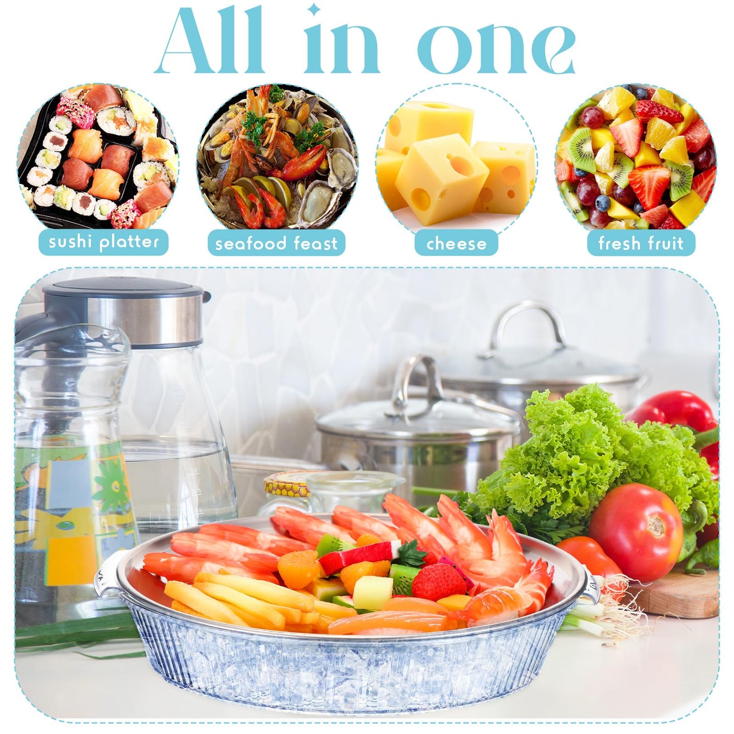 Baderke 1 Set 10" Chilled Serving Tray for Parties with Compartments and Lid Ice Chilled Platter Charcuterie Serving Board for Fruit Seafood Vegetable Appetizer Shrimp Cocktail (Silver)