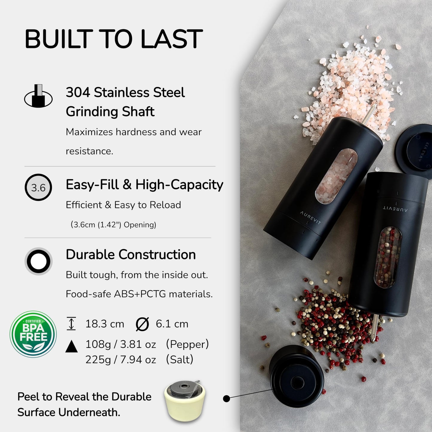 Aurevit Manual Salt Grinder, Single Salt Mill with Ceramic Grinding Core, External Adjustable Coarseness, Refillable, Durable Design (Buttercream)