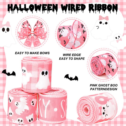 Wavyknot 6 Rolls Halloween Ghost Wired Edge Ribbon 2 Inch x 30 Yards Halloween Ghost Ribbon for Wreaths Pink for Floral Bow Making Wreath Craft DIY Party Decor
