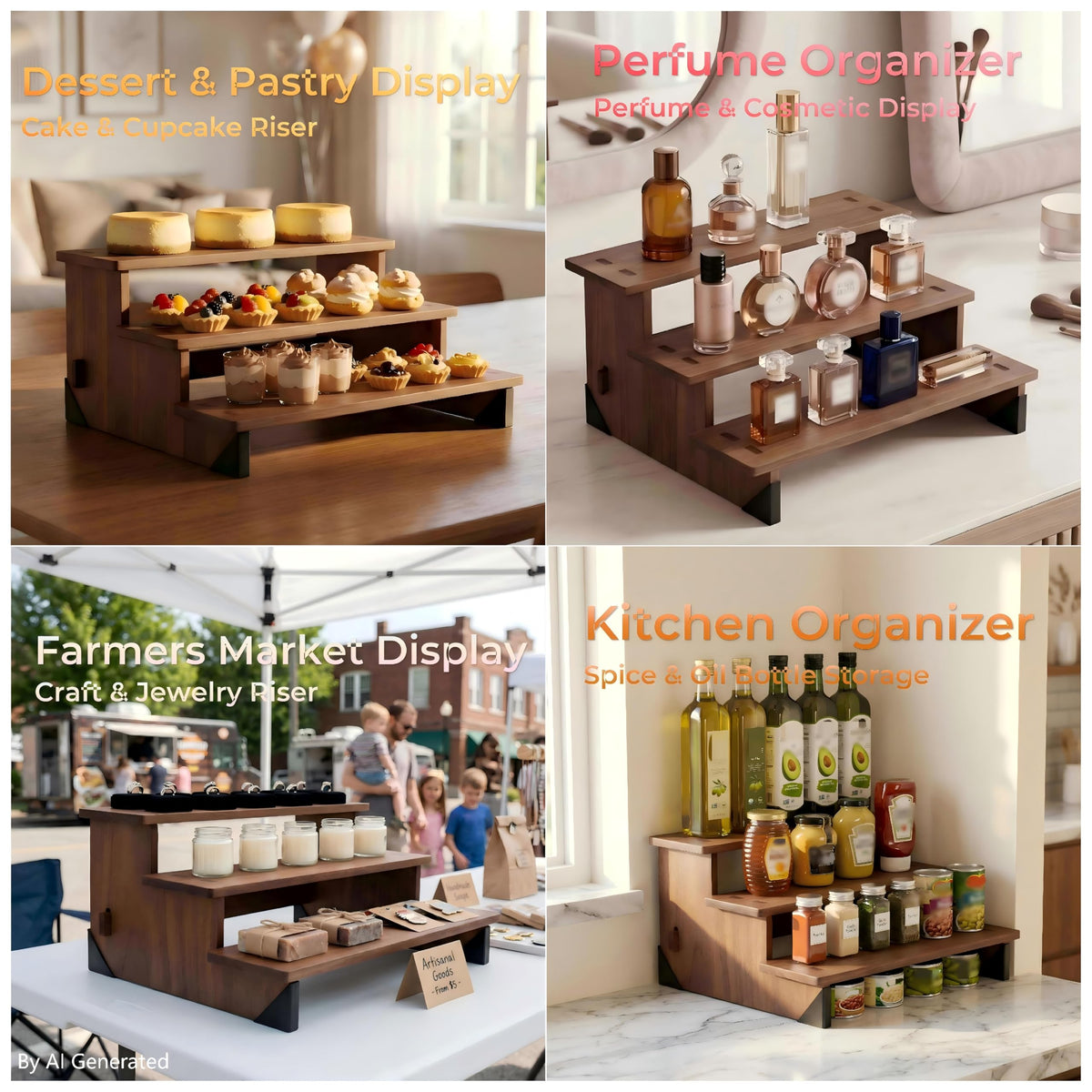 MiLiViNG 3 Tier Wooden Riser, Display Organizer Stand for Spice Jars, Coffee Bar, Perfume, Cupcakes, Vendor Display & Jewelry (15.7'' Spacious Long Size)