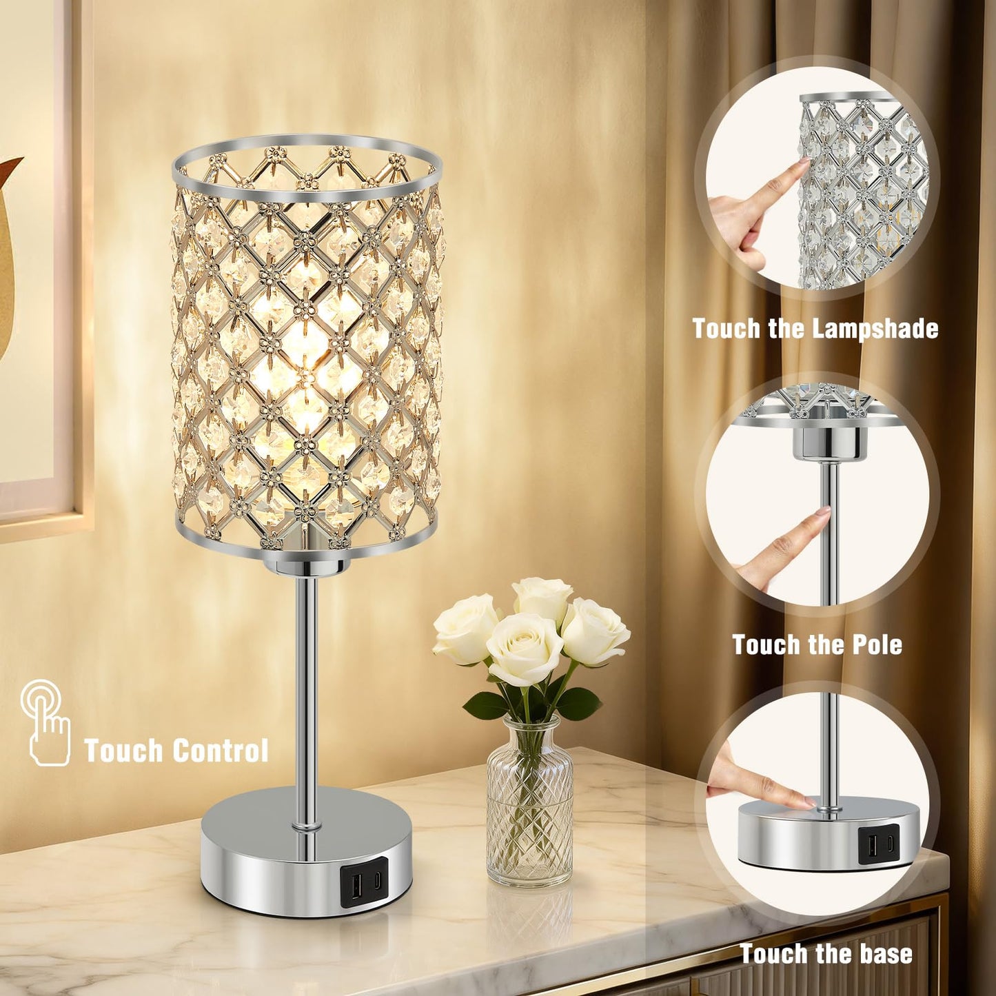 GyroVu Crystal Touch Table Lamp for Bedroom, Silver Desk Lamp with USB-C & USB-A Ports, Dimmable Modern Bedside Lamp for Nightstand, Living Room & Home Office - LED Bulb Included