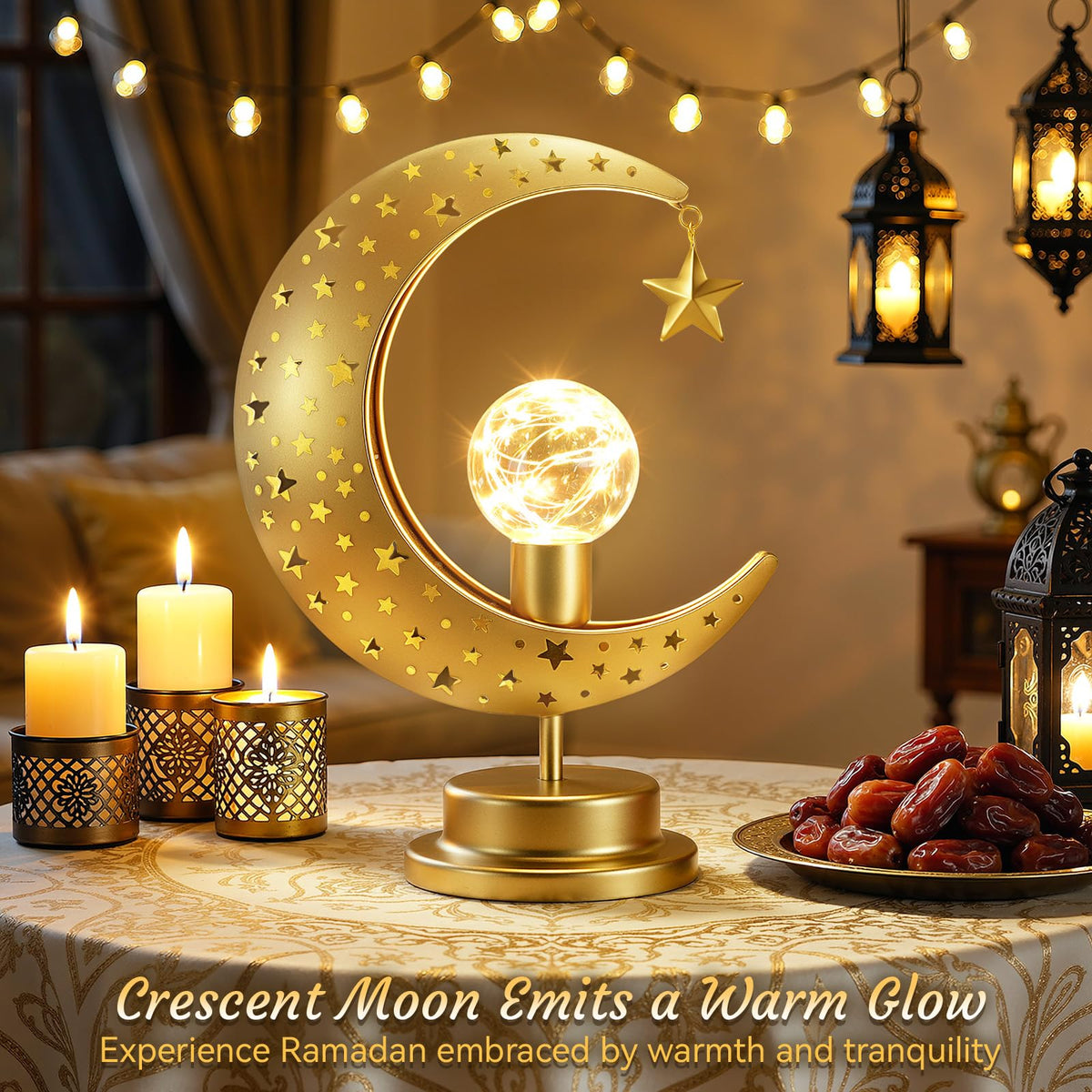 Lewondr Ramadan Moon Lamp, Crescent Moon with Star Table Lamp, Battery Powered Ramadan Desk Lamp Decorations Crescent Table Light Bedside Night Stand Desktop Living Room Home Decor, Eid Mubarak Decor
