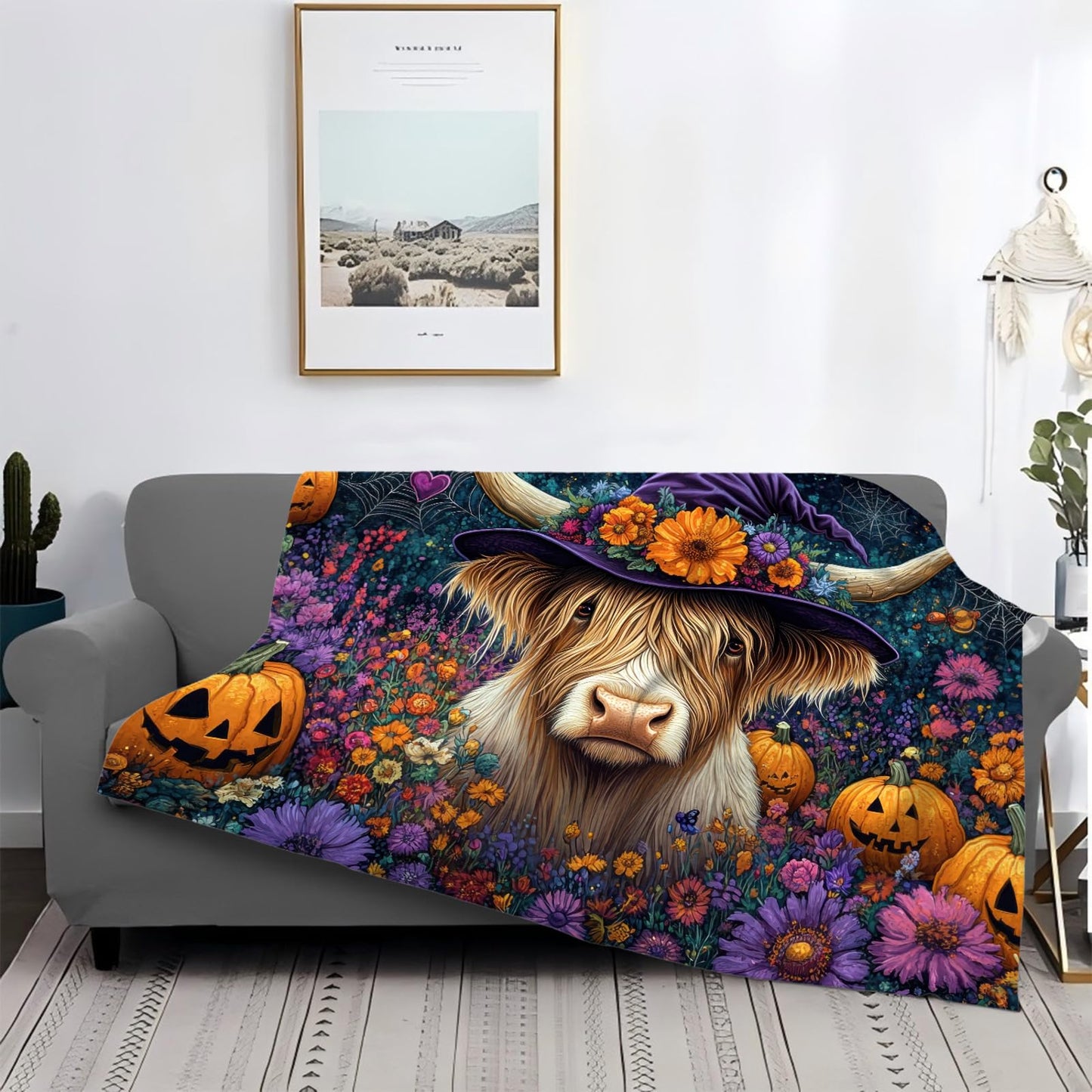 Tijuboni Halloween Highland Cow Pumpkin Throw Blanket for Girls Boys Women Men Kids Adults Soft Flannel Fleece Blanket for Couch Sofa Bed Home Decor 40"x50"