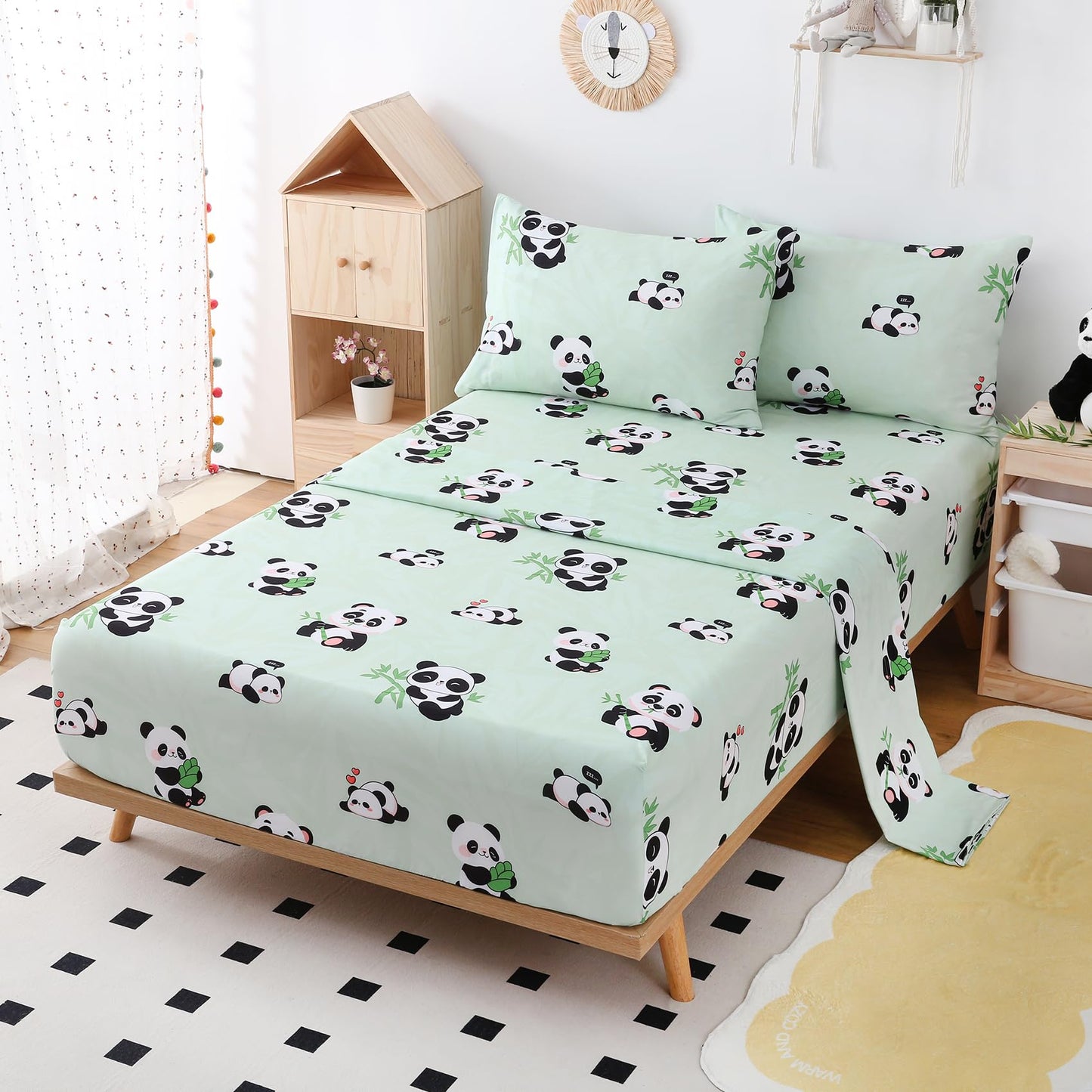 Yibeizi Full Size Sheets Set Kids, Sage Green Panda Pattern Microfiber Double Bed Sheets, Cute Soft Oeko-Tex Extra Deep Pocket Sheets & Pillowcases Cooling Hypoallergenic Wrinkle Free Bedsheets