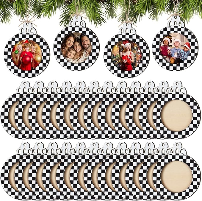 24 Pcs Christmas Pictures Frame Ornaments Bulk Black and White Photo Frames Ornaments Wooden Checkered Christmas to Put Pictures in Stocking Stuffers