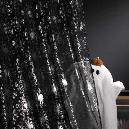 NICETOWN Black Sheer Halloween Curtains with Silver Spider Foil Print, Grommet Flowing Voile Sheer Window Treatment for Gothic Bedroom, W54 x L84, 2 Panels