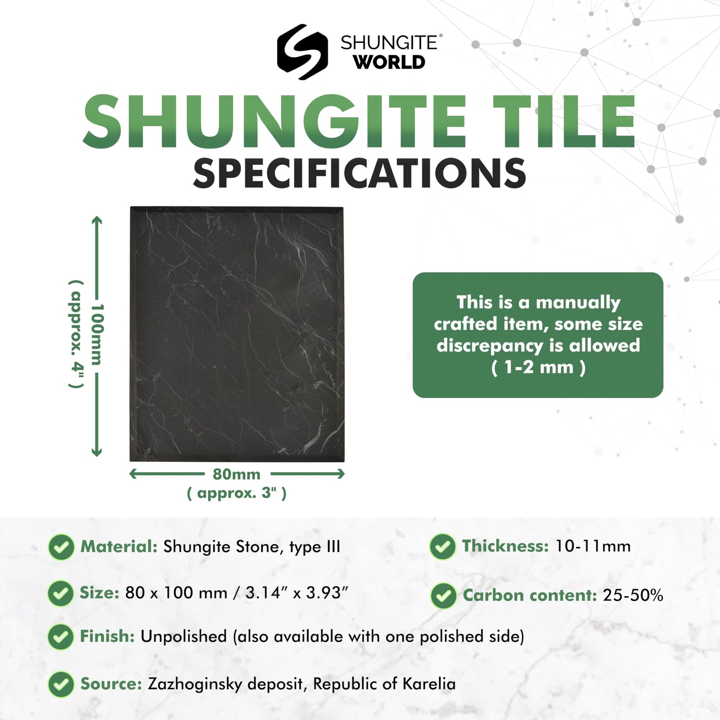 Shungite World Shungite Tile Unpolished 80x100 mm / 3.14"x3.93" from Real Karelian Shungite Stones Shungite Slab Plate Shungite Crystal Charging Plate Mineral Décor Coaster Healing Crystal Plates