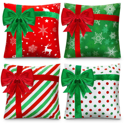 Kingdder Christmas Pillow Covers 18 x 18 Inch Set of 4 Farmhouse Xmas Throw Pillow Cases Gift Box Style Red Green White Snowflake Bow Decoration for Couch Holiday Sofa Cushion Decor