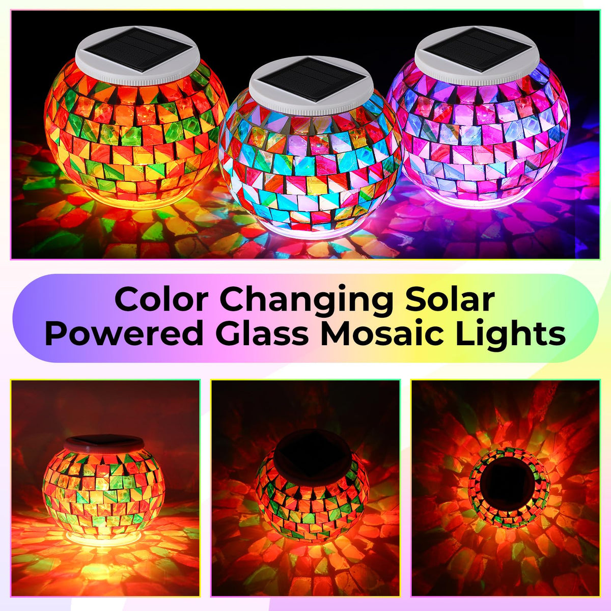 VIHOSE 4 Pcs Color Changing Mosaic Solar Lights Outdoor LED Ball Globe Garden Table Light Waterproof Solar Night Lamps for Christmas Patio Garden Party Yard