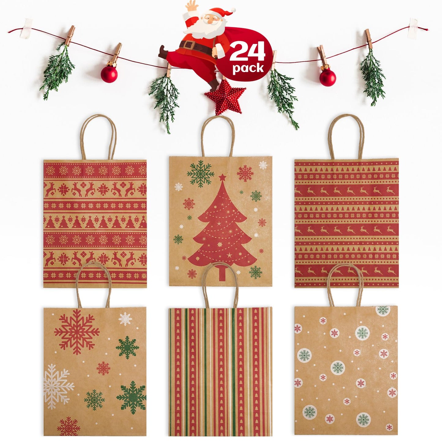 GSSUSA 24Pcs Christmas Gift bags 8.6x7x3.3'' Kraft Paper Bag with Handles, Assorted Designs Christmas Craft Bags,Sturdy Xmas Party Favors Bags, Holiday, Goodie, Treat, Retail Shopping bag