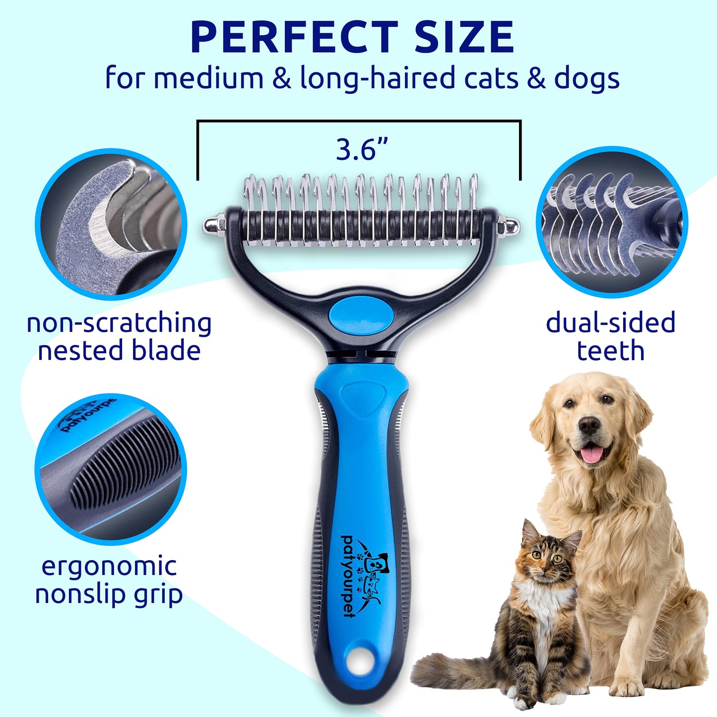 Pat Your Pet Cat & Dog Brush - Double Sided Undercoat Rake - Grooming and Deshedding Tool for Dogs and Cats with Medium or Long Hair