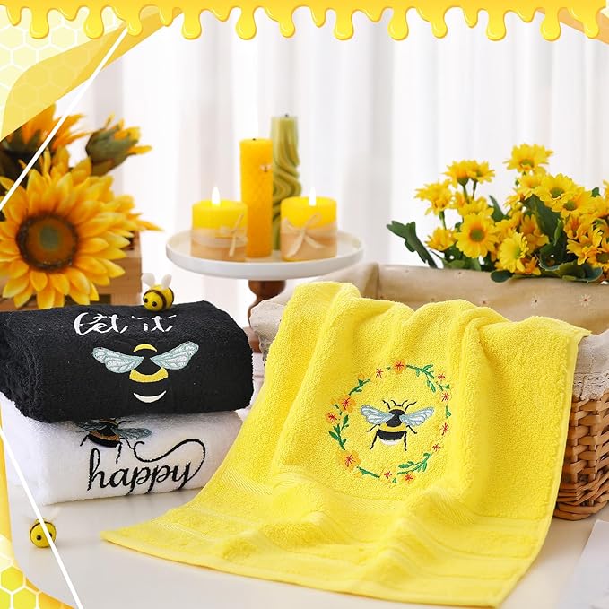 Bee Hand Towels Farmhouse Summer Yellow Bathroom Decor 14x29 Inch Embroidered
