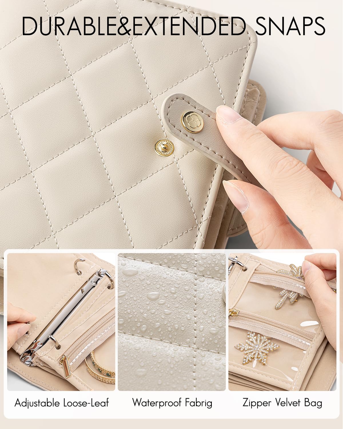 VLANDO Mini Travel Jewelry Organizer Case,Portable Jewelry Organizers Storage Book with Clear Zipper Velvet Jewelry Pouch Bag for Travel Essentials,Ring,Earring-Cream White