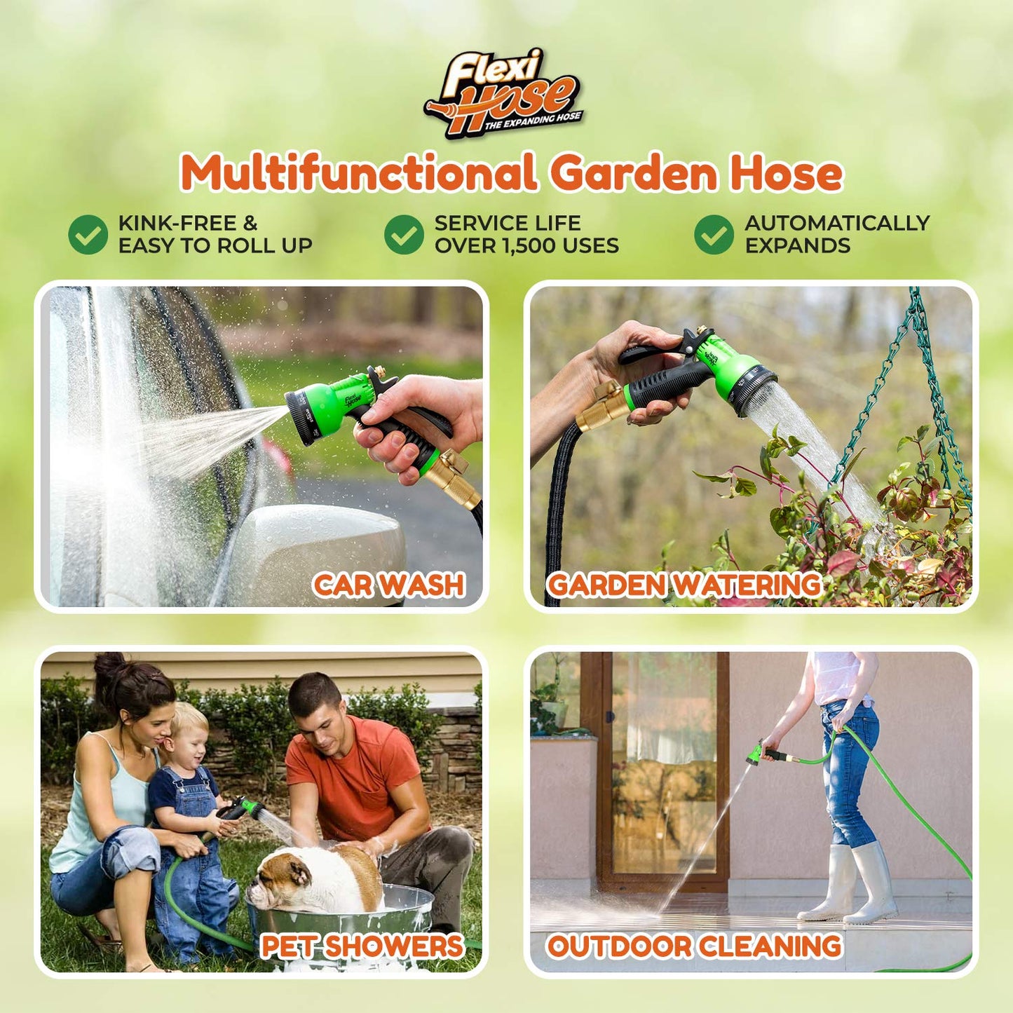 Flexi Hose Expandable Garden Hose - 75FT Heavy Duty Water Hose, Retractable Hose with 2cm Brass Fittings - Expandable Hose Design Includes Spray Nozzle (Green 23 Metres)