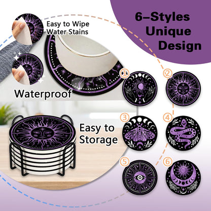 Paayna Moon Phase Sun Ceramic Coasters with Holder Set of 6, Mystical Astrology Snack Moth Absorbent Drink Cup Mat for Coffee Table Protection, 4'' Retro Dark Home Kitchen Decor Housewarming Gifts