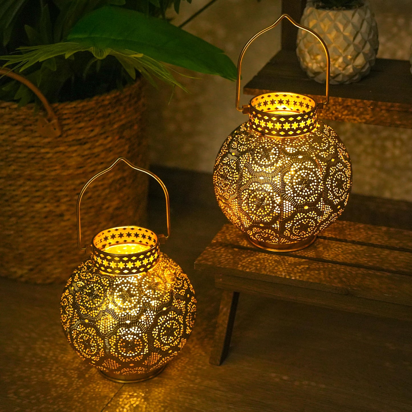 TRIROCKS Set of 2 Moroccan Style Metal Table Lamp 7'' High Battery Powered Cordless Lamp with LED Fairy Lights Bulb Perfect for Home Living Room Parties Tabletop Indoors(Gold)
