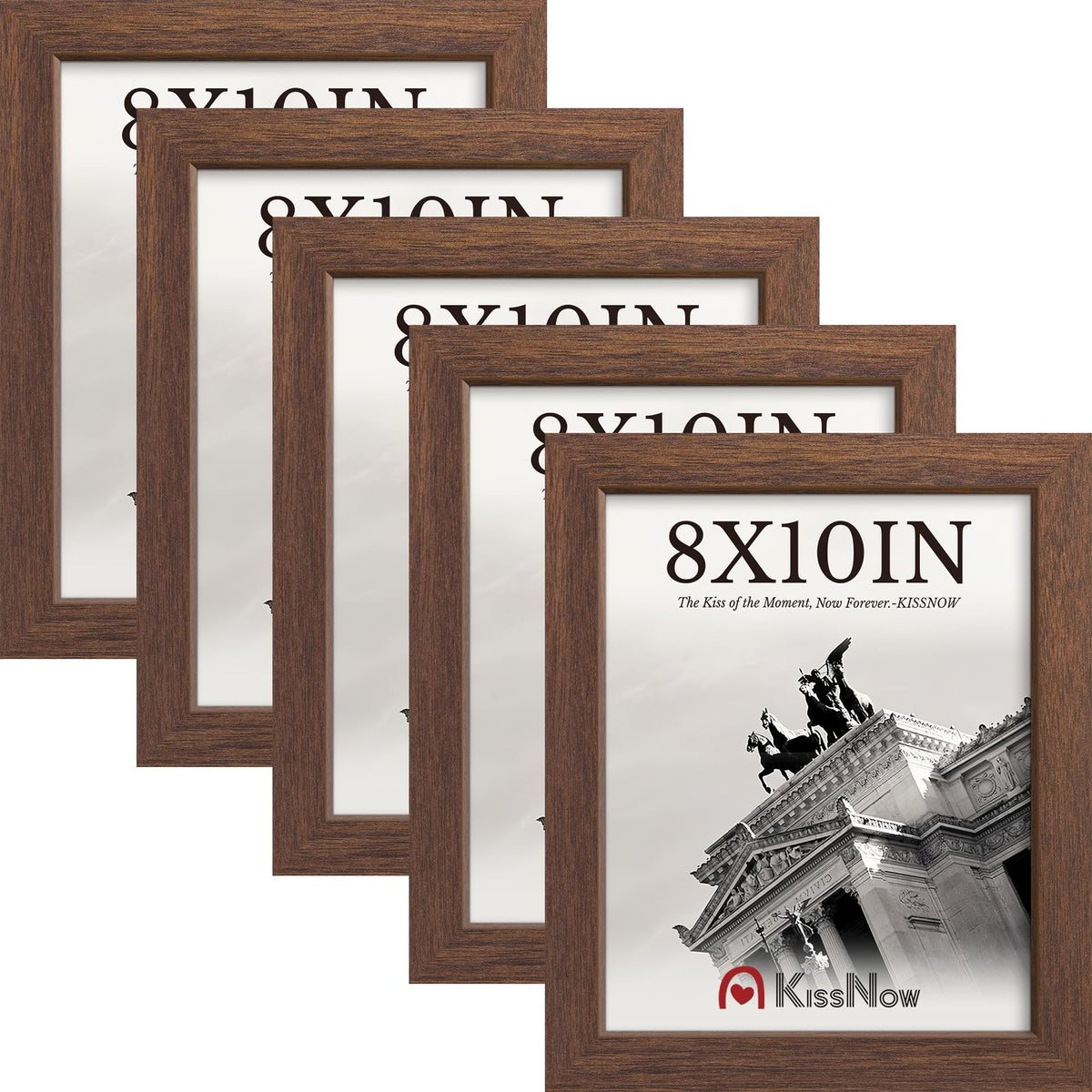KissNow 8x10 Picture Frame 5-Pack - Brown Wooden 10x8 Frames with Tempered Glass, Classic Tabletop Gallery Frames for Photos & Art Prints
