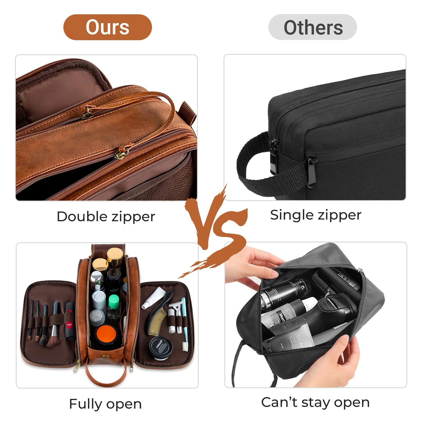 Elviros Water-Resistant PU Leather Toiletry Bag for Men Large Travel Wash Bag Shaving Dopp Kit Bathroom Gym Toiletries Makeup Organizer with Wet Dry Compartment (Brown)