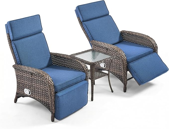 3 Pieces Zero Gravity Wicker Patio Recliner Chairs Set of 2 - Wicker Outdoor Lounge Chair with Side Table, Adjustable Backrest & Footrest, High Back Outdoor Recliner Chair for Pool Deck Blue