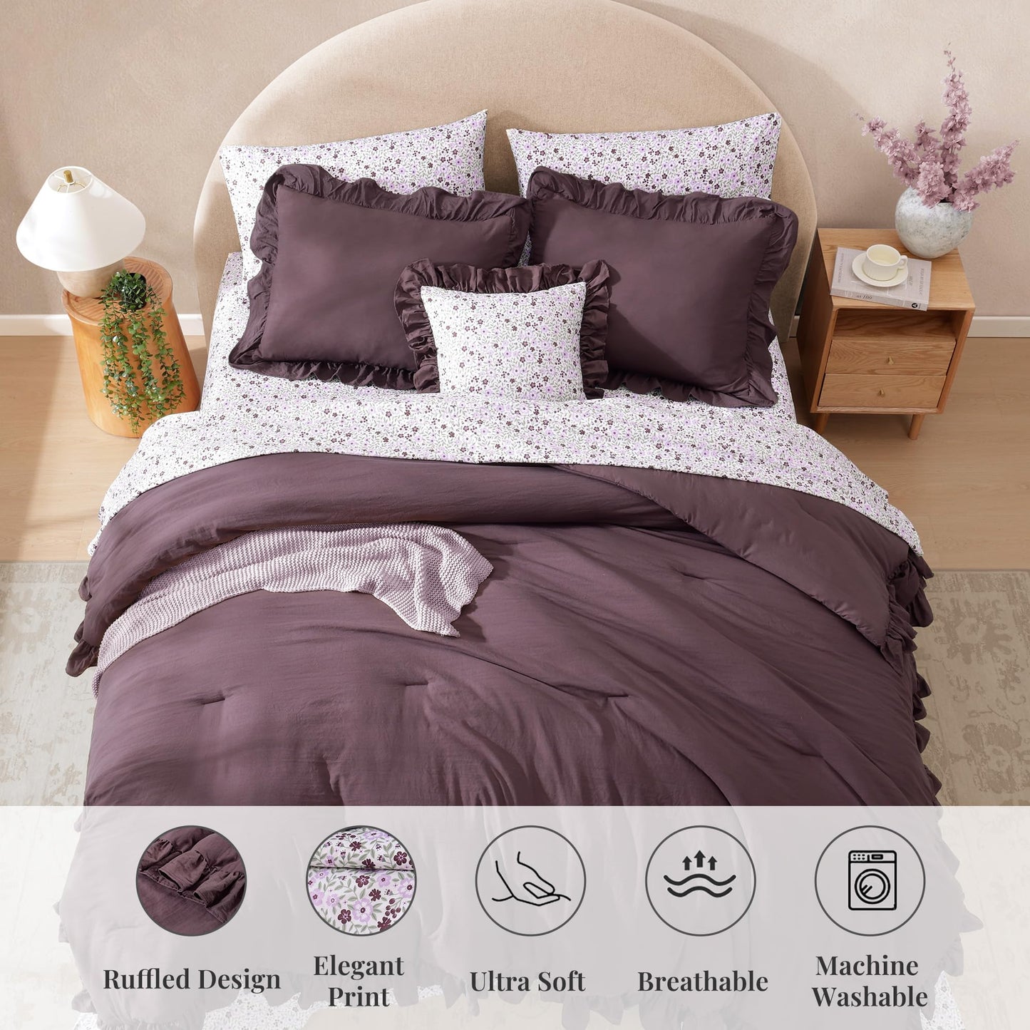 BLOOMHAVEN Queen Comforter Set - 7 Pieces Ruffle Purple Bedding Sets, Shabby Chic Farmhouse Bed in a Bag Queen with Ruffle Comforter, Floral Sheets, Pillowcases & Shams
