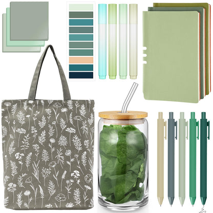 Yiyiring 18 Pcs Sage Green Office School Study Supplies Aesthetic Stationery Set Glass Cup Canvas Tote Bag A6 Leather Journal Notebook Green Sticky Notes for Women Book Lover Librarian Graduation Gift