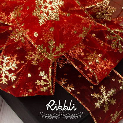 Ribbli Snowflake Glitter Wired Ribbon, Red Organza Sheer with Gold Glitter Snowflake Pattern and Iridescent Metallic Edge,2-1/2 Inch x 10Yards Christmas Ribbon for Tree Decoration