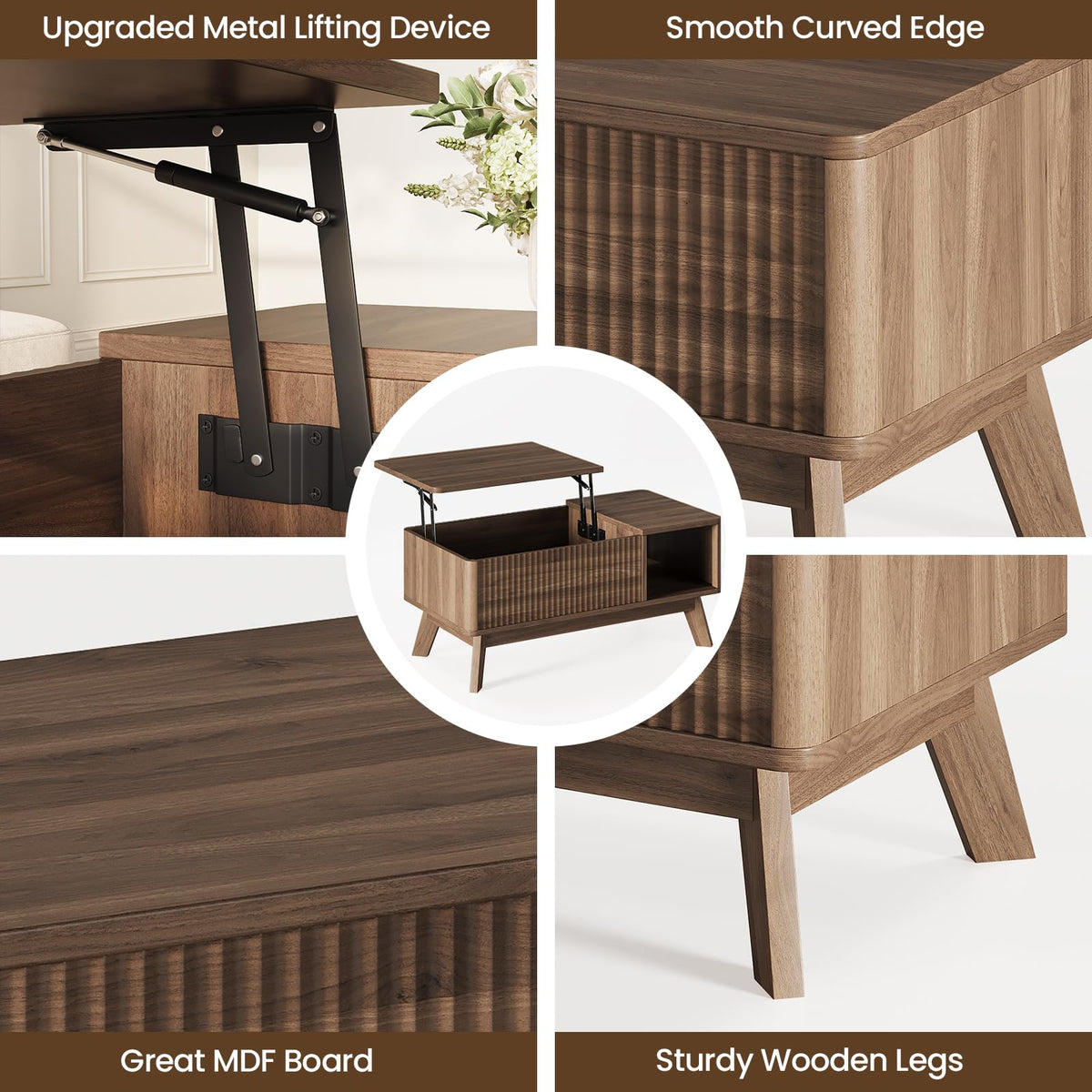TROJM Wood Lift Top Coffee Table with Hidden Compartment and Large Storage Shelf, Lift Tabletop Dining Center Table for Home Living Room Office,Walnut