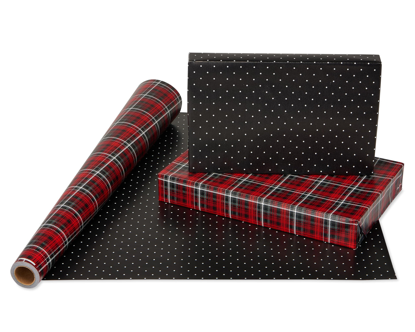 American Greetings Jumbo Reversible Wrapping Paper Roll for Christmas, Red and Black Holiday Gift Wrap (175 sq. ft., 1 Extra Large Roll-30 in. x 70 ft.) Polka Dots and Plaid