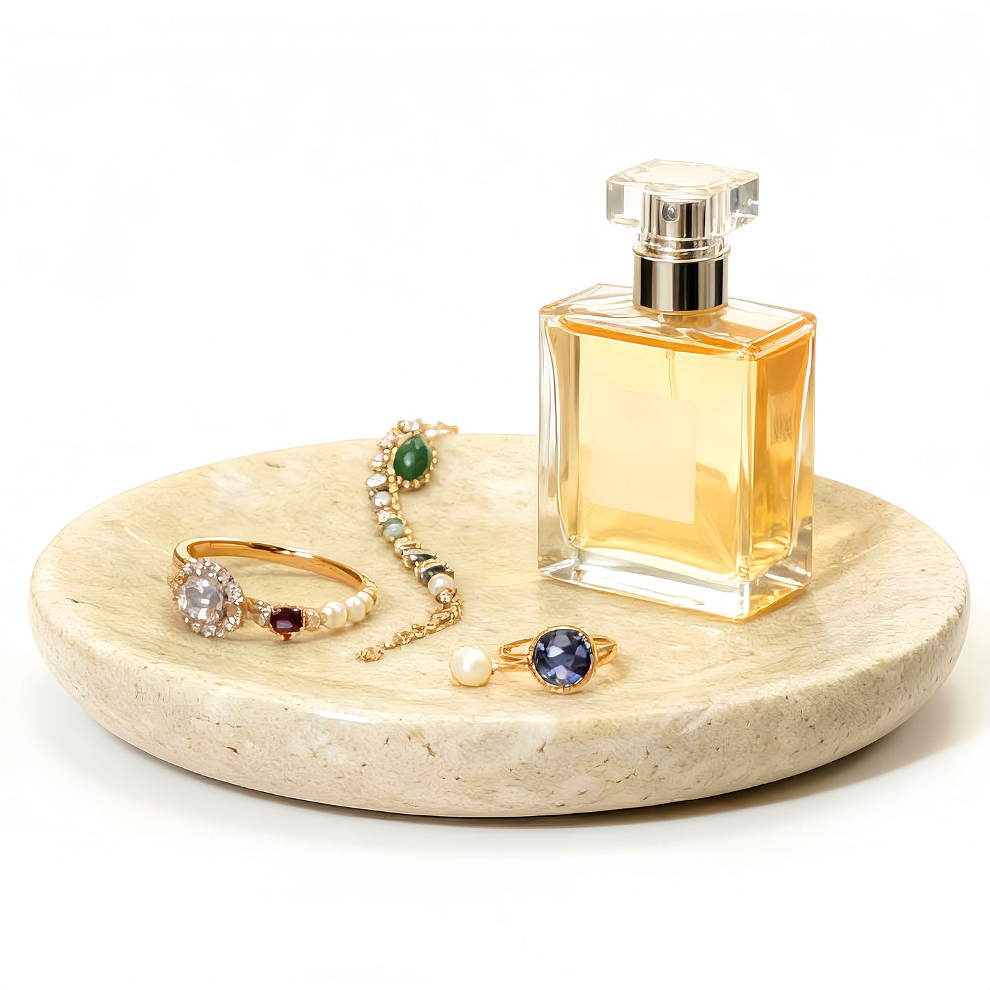 HAMAKAWA Turkish Natural Marble Jewelry Dish, Round Ring Dish 5.5 inch, Beige Trinket Tray, Travertine Bathroom Soap Holder, Decorative Stone Dish for Earrings, Ideal Gift for Women