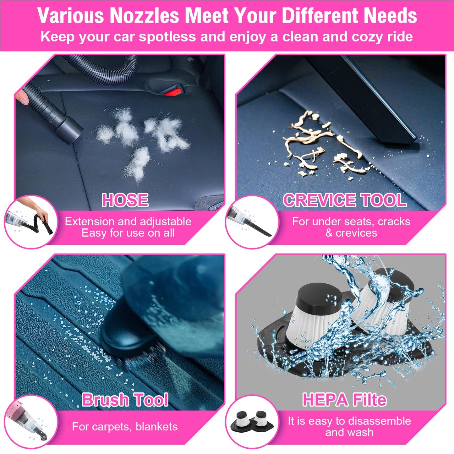 vioview Roadside Emergency Car kit for Vehicles, with 4 in 1 Inflatable Car Vacuum Cleaner, Pink Jumper Cables, First Aid Kit, Tow Rope, Vehicle Road Trip Must Haves Pink Accessories for Women